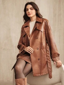 Anewsta Abrigo minimalista y elegante de mujer de doble botonadura, marrón y brillante, de longitud media. Chaqueta cortavientos para mujer, otoño/invierno - Café integral - Ver 10
