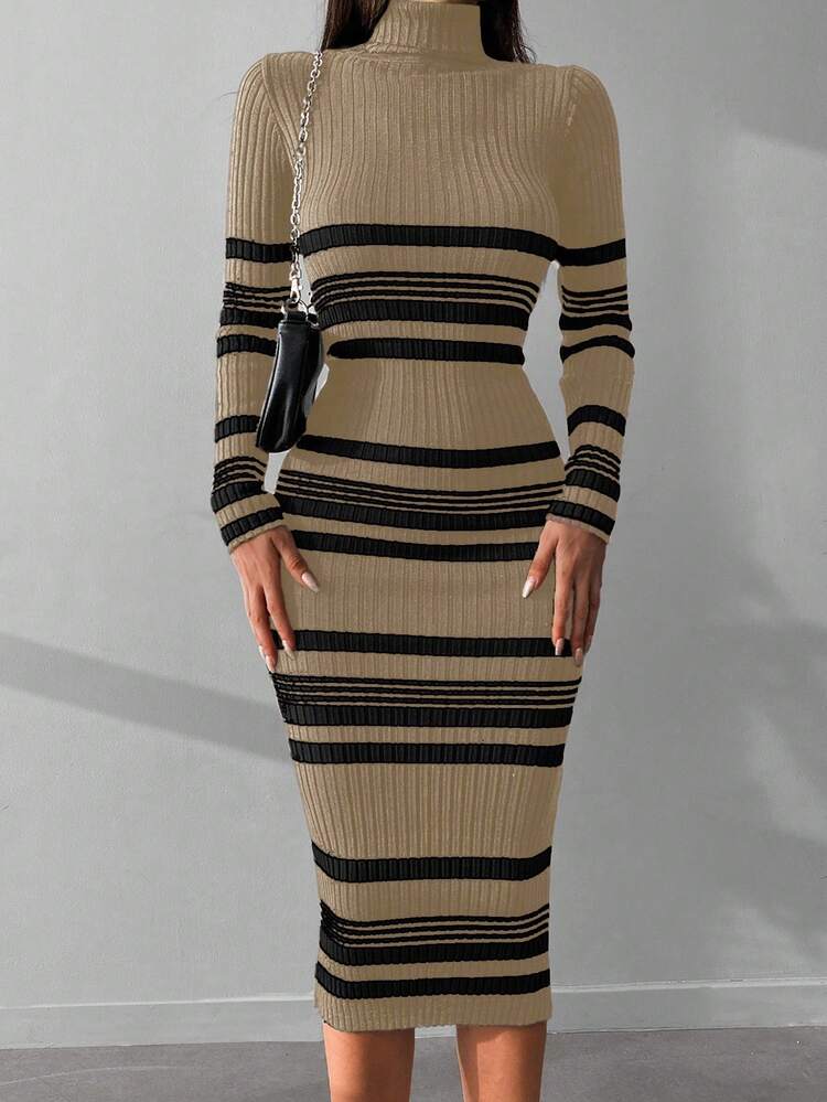 EURMUSE Striped Print Turtleneck Bodycon Sweater Dress - Mocha Brown - View 4