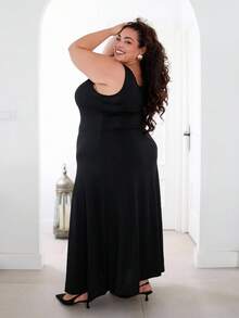Plus Size Solid Square Neck Sleeveless Dress Maxi Women Outfit - Black - View 6