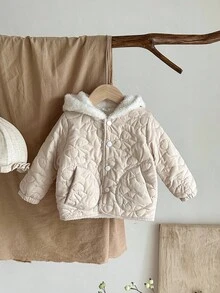 SHEIN 女宝宝休闲可爱提花蝴蝶结撞色蓬松连帽厚棉衣，冬季 - 杏色 - 查看 8