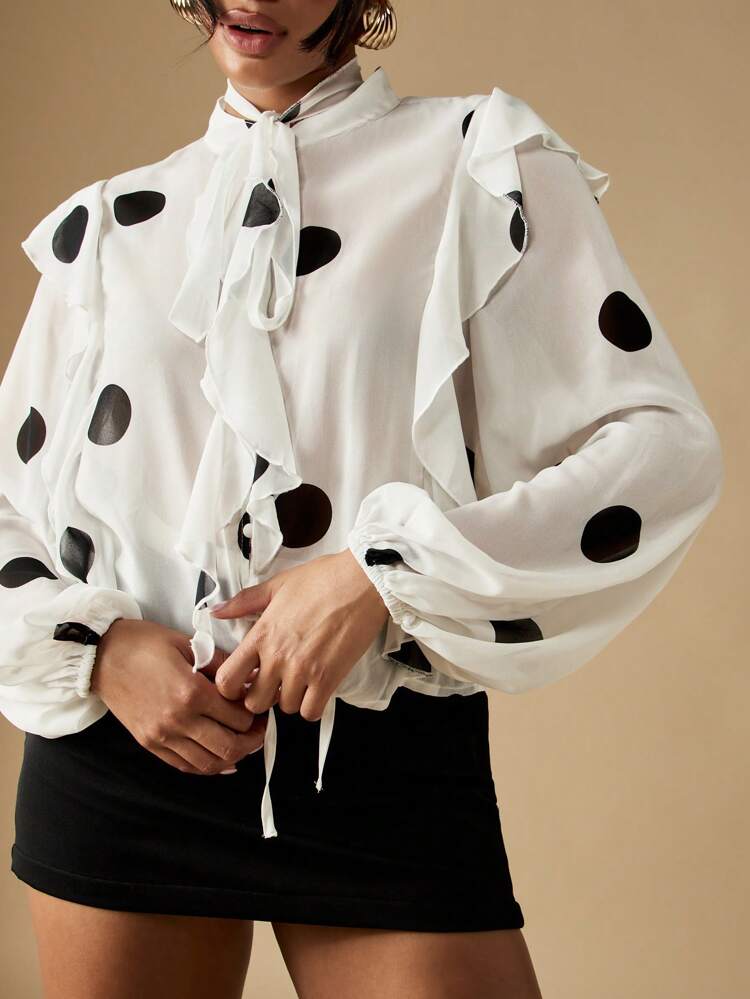 MISSGUIDED Elegant Polka Dot Ruffle Blouse With Tie Neck Long Sleeve Statement Top Victorian Style High Neck Holiday Party Special Occasion Fall Winter Office Wear Fashion