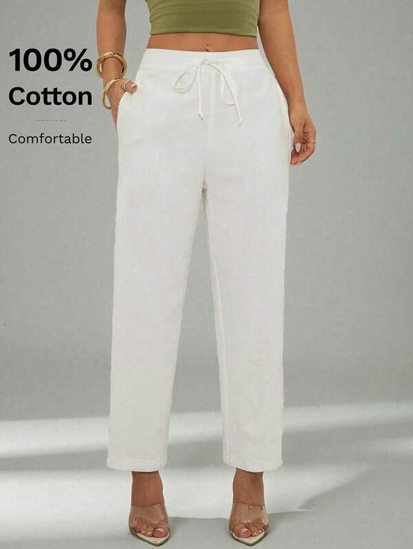 SHEIN PETITE 100% Cotton Comfortable Breathable Women's Tapered Pants With Pockets