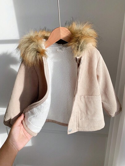 SHEIN Unisex Baby Casual Thermal Lined Hooded Long Jacket, Suitable For Autumn And Winter Fall