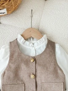 SHEIN Elegancka kamizelka dla młodej dziewczyny ze złotymi guzikami, koszula z falbaniastym kołnierzykiem i uniwersalna plisowana spódnica, odpowiednia na jesień/zimę, na imprezę i na co dzień - Wielokolorowe - Zobacz 3