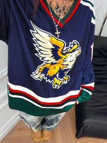 Coolane 女士秋冬街头服饰复古运动休闲 Y2K 日常穿着鹰图案 V 领长袖超大针织 T 恤 - 彩色 - 查看 4