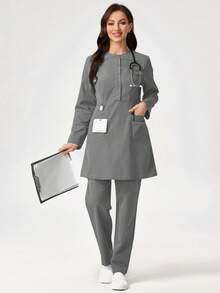 TaskEZ Scrub Uniform Set, Long Sleeve Top And Pants, Solid Color - Grey - View 5