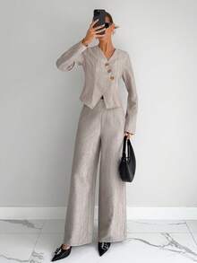 Siren Gaze 2 pièces Ensemble blouse asymétrique et pantalon pour femmes, tenue de bureau élégante, tenue d'enseignante femme, costume décontracté professionnel 2 pièces pour femmes - Nude - Voir 5