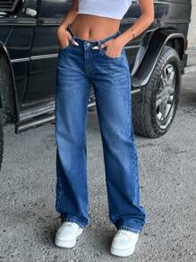 EURMUSE 100%Cotton STRAIGHT LOW WAIST SLANT POCKET CASUAL JEANS - Medium Wash - View 5