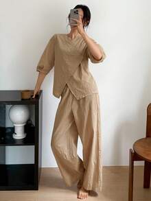 DAZY 女士简约纹理面料家居服套装睡衣 - 駝色 - 查看 5