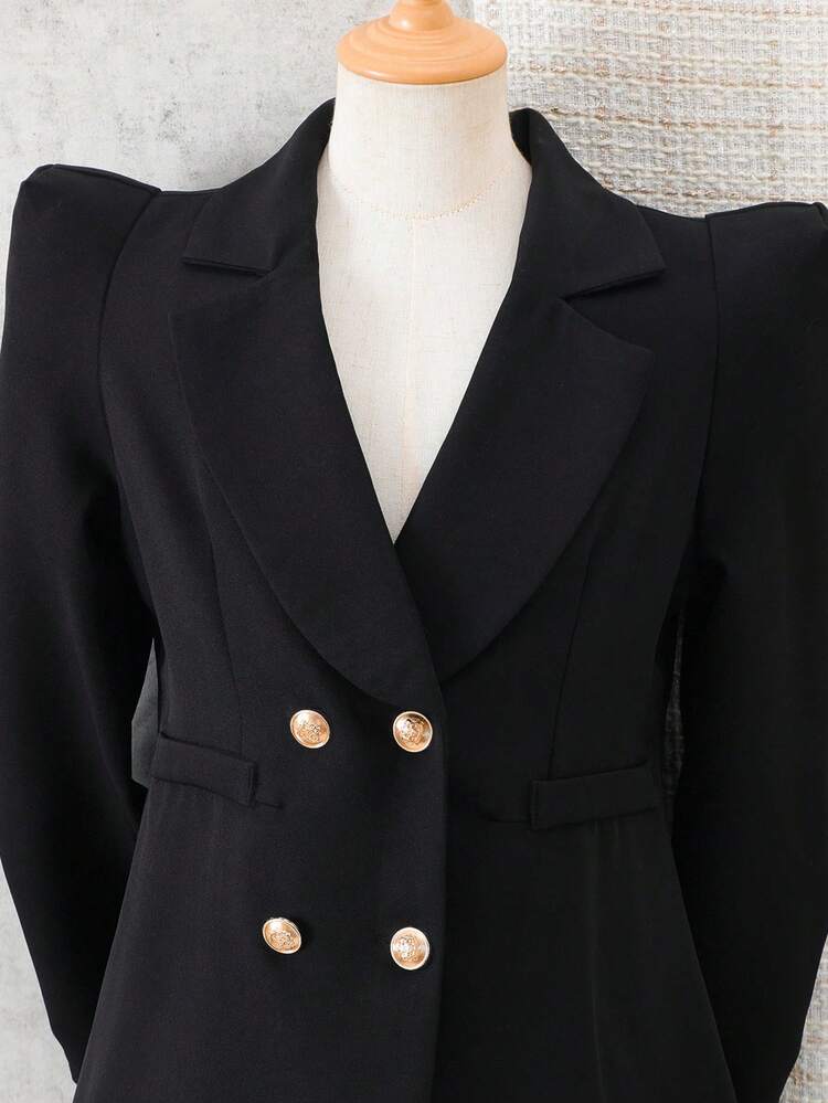 Tween Girl Dual-Breasted Lapel NeckJacket Fall Winter - Black - View 5