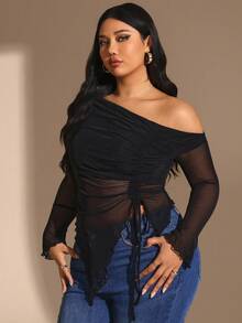 Hourglow Damen Große Größen Mesh Schleife Bluse, elegantes Sommerurlaubs-Outfit, geeignet für Valentinstag, Geburtstag - Schwarz - Übersicht 3