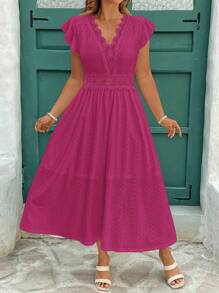 SHEIN Clasi 大码女式春夏连衣裙，白色针织提花弹力蕾丝拼布领腰 A 字长袖连衣裙