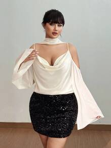 Viva Relle 大码优雅纯色喇叭袖露肩吊带背心 - 杏色 - 查看 3