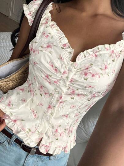 CovetEZ Cap Sleeve Woven Blouse With Feminine Floral Details And Regular Fit For Everyday Style Floral Top Milkmaid Top