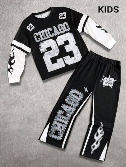 PAVTROS Tween Boy 2 件套休闲基本款街头风格运动数字芝加哥字母图案宽松大码 T 恤 + 喇叭裤套装，与兄弟和父亲同款
