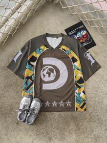 Discovery X SHEIN Men's Casual Star Print V-Neck Short Sleeve T-Shirt, Summer