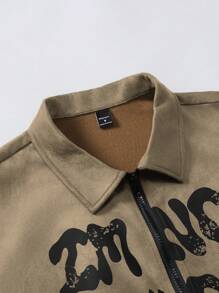 Manfinity Homme 字母印花男士成熟休闲夹克和外套男士图案夹克字母男士夹克男士摩卡飞行员夹克男士绒面革夹克男士拉链夹克，秋季 - 卡其色 - 查看 5