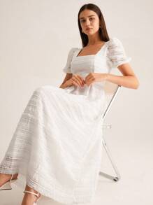 GENKIRA Fashionable & Elegant Fringed Crochet Fabric Square Collar Short Sleeve Dress, Early Autumn - White - View 1