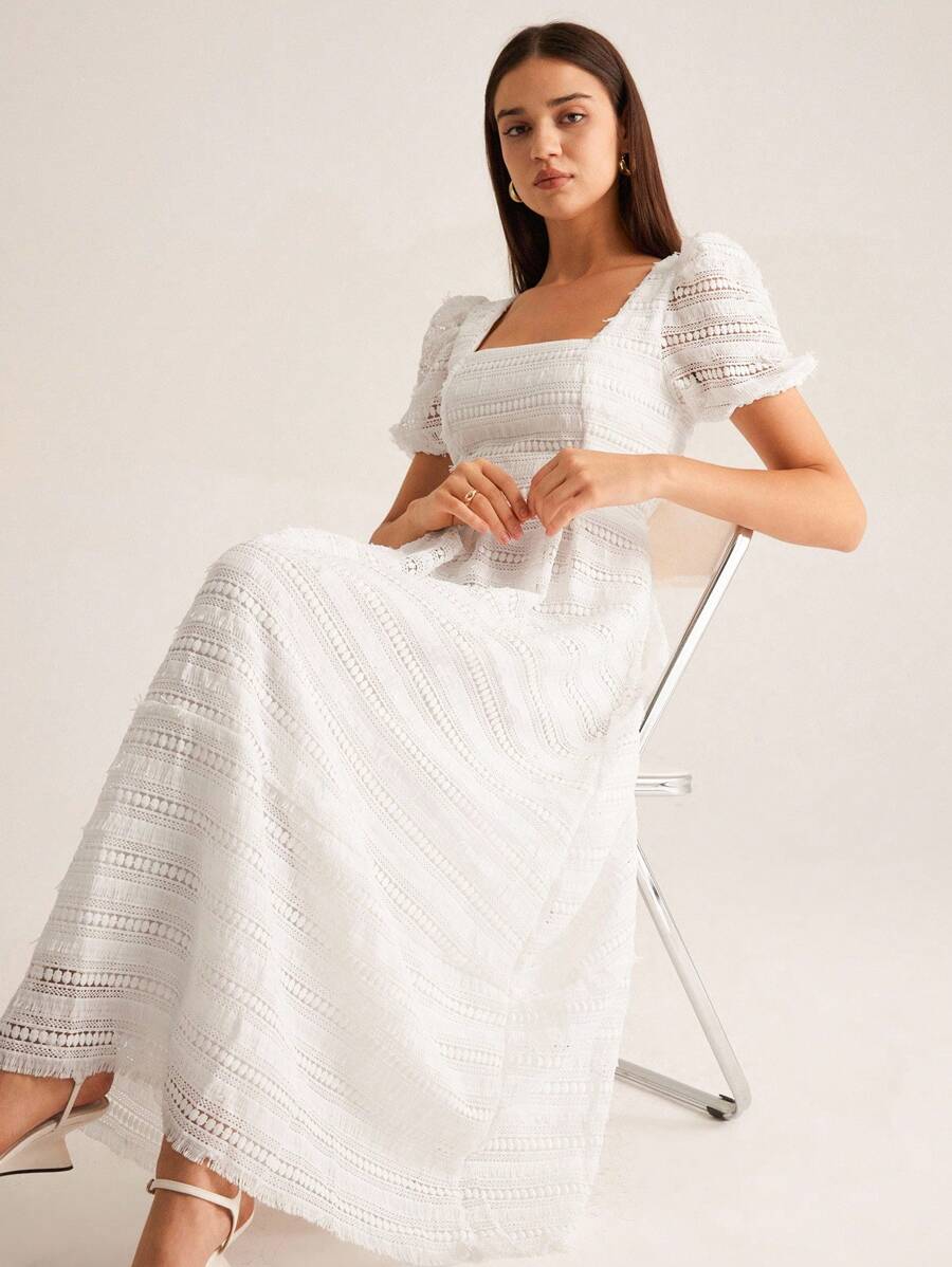 GENKIRA Fashionable & Elegant Fringed Crochet Fabric Square Collar Short Sleeve Dress, Early Autumn - White - View 1
