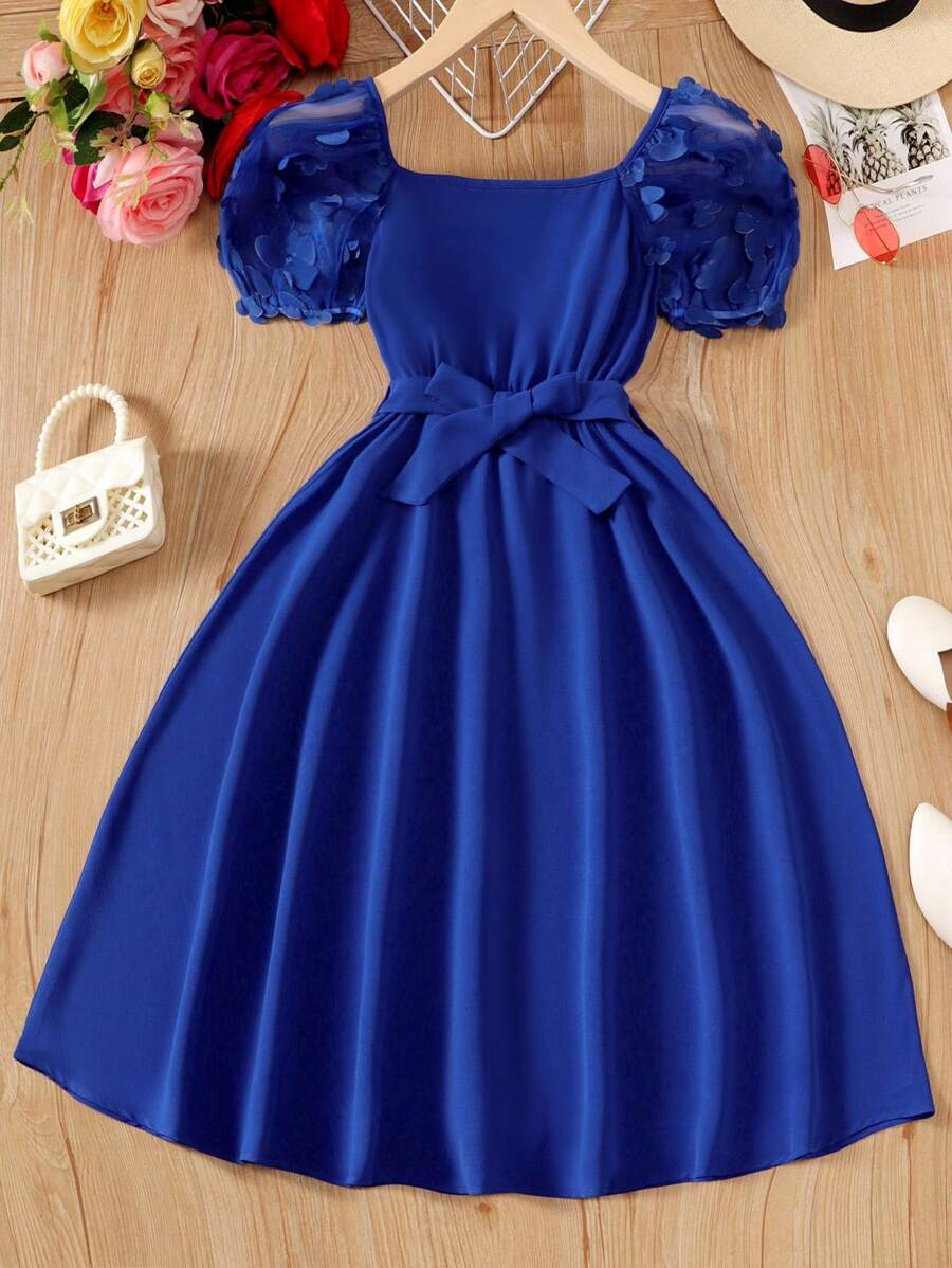 SHEIN Tween Girl Appliques Contrast Mesh Puff Sleeve Belted Dress - Royal Blue - View 1