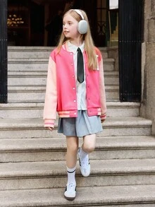SHEIN Explorewe Veste de baseball à imprimé graphique et blocs de couleurs pour fille, à la mode et polyvalente, idéale pour l'école, le quotidien, les trajets domicile-travail, l'automne et l'hiver.