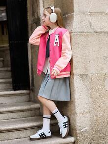 SHEIN Explorewe Veste de baseball à imprimé graphique et blocs de couleurs pour fille, à la mode et polyvalente, idéale pour l'école, le quotidien, les trajets domicile-travail, l'automne et l'hiver.