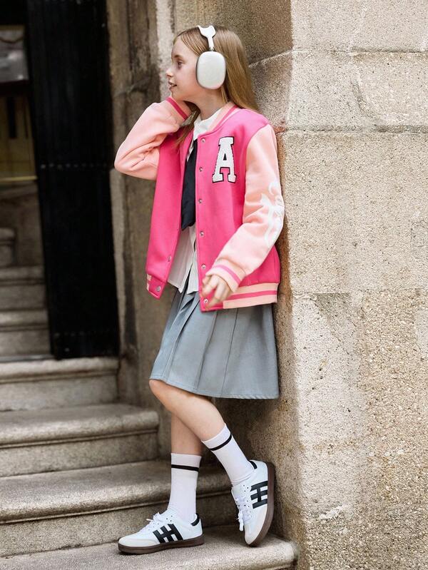 SHEIN Explorewe 女童拼色字母图案棒球夹克，时尚百搭，适合上学、日常、通勤、秋冬