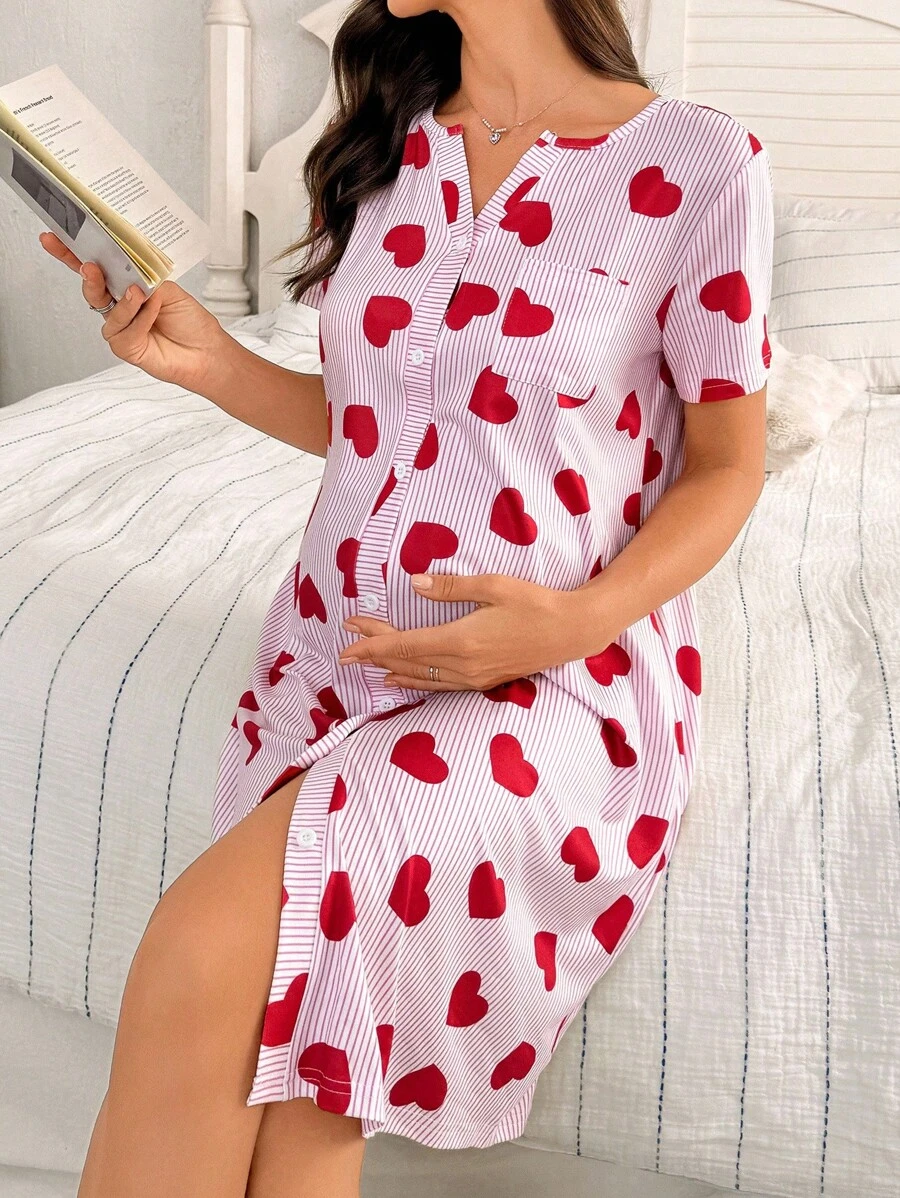 SHEIN Heart Print Round Neck Single-Breasted Pocket Short Sleeve Maternity Nightgown
