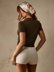 MISSGUIDED 复古风格针织 Polo 衫短款上衣复古美学罗纹修身纽扣前襟秋冬休闲基本款学院风乡村核心短袖 - 軍綠色 - 查看 4