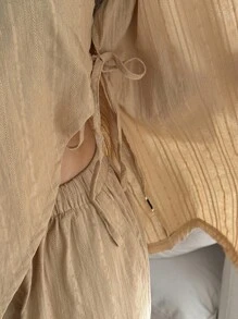 DAZY 女士简约纹理面料家居服套装睡衣 - 駝色 - 查看 6