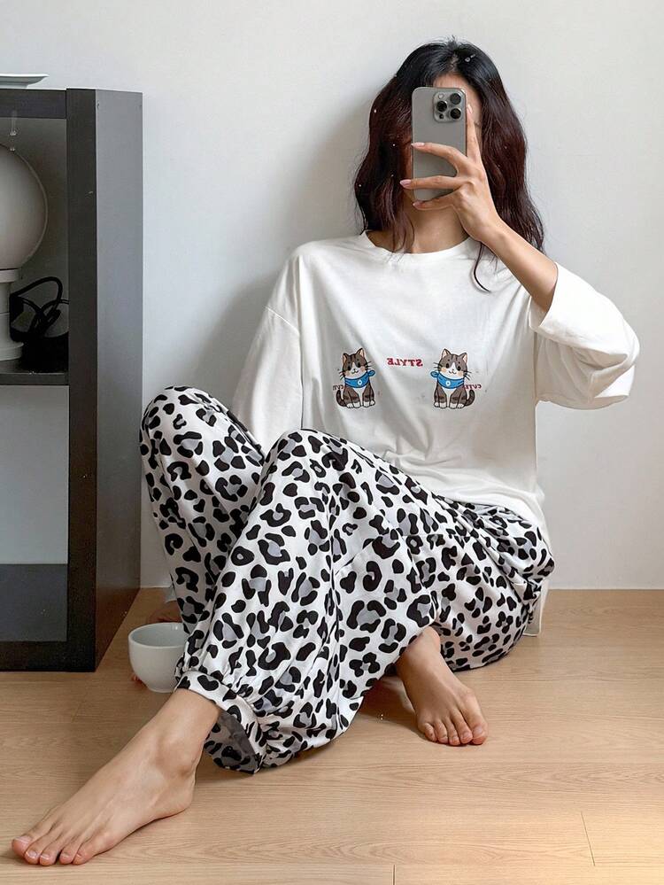 2pcs Women Cat & Leopard Print Loose Long Sleeve T-Shirt And Pants Pajama Set, Fall Winter Clothes