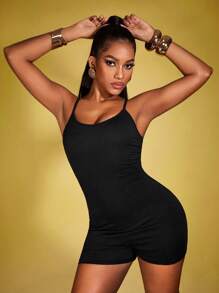 Zyxie 女士純色緊身吊帶連體褲 - 黑色 - 查看 4