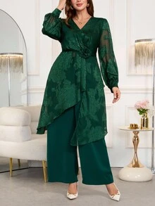 Ellevyn Bộ 2 món đồ tay dài bằng vải chiffon cỡ lớn, trang phục thu đông cho nữ, trang phục mùa đông cho nữ, trang phục buổi tối hẹn hò, trang phục đi chơi buổi tối cho nữ, trang phục buổi tối hẹn hò - Màu xanh lá cây đậm - Xem 7