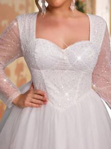 SHEIN Belle Plus Size Summer And Autumn Elegant Romantic Gorgeous White Sequins Embroidery Splicing Mesh Sweetheart Neck See-Through Long Sleeves Splicing Puffy Skirt Suitable For Dinner Bachelorette Party Dating Dance Vacation Graduation Season Homecoming Season Birthday Wedding Event Bride Gift Dress Guest Dress All White Party Outfit Women