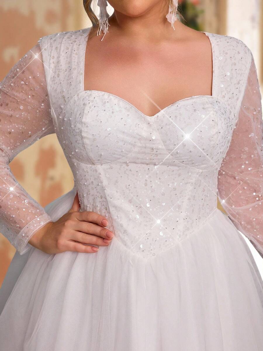 SHEIN Belle Plus Size Summer And Autumn Elegant Romantic Gorgeous White Sequins Embroidery Splicing Mesh Sweetheart Neck See-Through Long Sleeves Splicing Puffy Skirt Suitable For Dinner Bachelorette Party Dating Dance Vacation Graduation Season Homecoming Season Birthday Wedding Event Bride Gift Dress Guest Dress All White Party Outfit Women