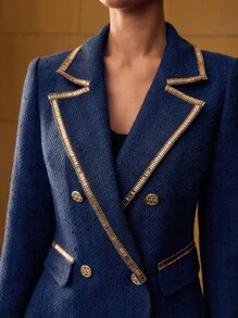 MOTF PREMIUM 翻领撞色饰边双排扣西装外套 - 藏蓝色 - 查看 4