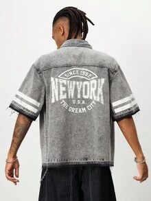 ROMWE MEN Prep Camisa vaquera de manga corta con botones para hombre - Gris Claro - Ver 1