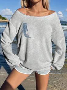 Attitoon 休闲度假风格蓝鲸图案宽松露肩长袖卫衣，适合秋冬季 - 淺灰色 - 查看 4