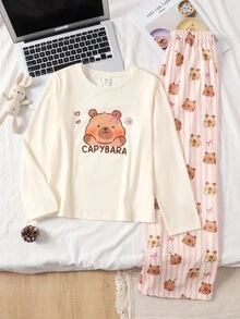 2pcs Tween Girls' Cartoon Print Pink Crew Neck Pullover Sweatshirt And Loose Pants Knit Fabric Soft Comfortable Casual Pajama Set, New Design, Cute Pajama Fall Winter - Baby Pink - View 6