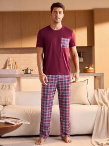 Manfinity Underwear&Sleepwear Basics 男士休闲T恤和格子裤睡衣套装 - 酒紅色 - 查看 4