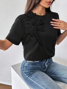 SHEIN LUNE Plus Size Summer Top, Fashion 3D Flower Casual Women Round Neck Short Sleeve T-Shirt - Black - View 3