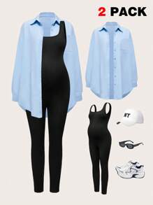 Modmama 2 pièces Ensemble de maternité : Chemise boutonnée à manches longues de couleur unie et pantalon-combinaison, décontracté