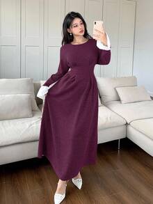 Feyla 女士圆领落肩长袖拼色褶饰优雅连衣裙 - 紫色 - 查看 4