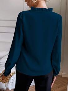 Elenzga Solid Notched Neck Shirt,Long Sleeve Tops Fall Cloth For Women - Teal Blue - View 2