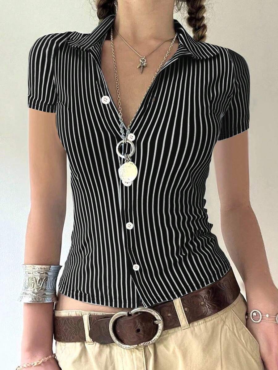 INAWLY 女式黑白条纹短袖修身衬衫 - 黑色 - 查看 1