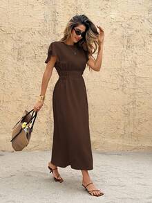SHEIN Frenchy 女式休闲纯色束腰中长连衣裙 - 棕色 - 查看 5