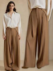 Briarwyn 女士休闲简约纯色褶皱宽松阔腿裤，百搭日常穿着，秋季服装，返校服装，复古风格女性，女士教师装，商务休闲女装工作装 - 卡其色 - 查看 8
