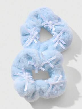 Kawaii 2pcs Minimalist Plush Fabric Bow Scrunchies Set, Blue & White, Suitable For Women/Girls Daily Wear, Holiday Gift