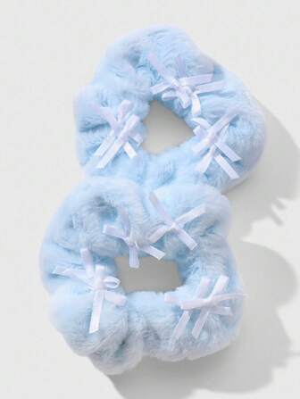 Kawaii Set de 2 scrunchies de tela de felpa con lazo minimalista, azul y blanco, adecuado para uso diario de mujeres/niñas, regalo para fiestas