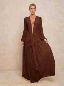 Lumalex 女式超长连衣裙，搭配紧身裤、透视 V 领、泡泡袖、褶饰系带、可拆卸金属扣和超大裙摆 - 咖啡棕 - 查看 5
